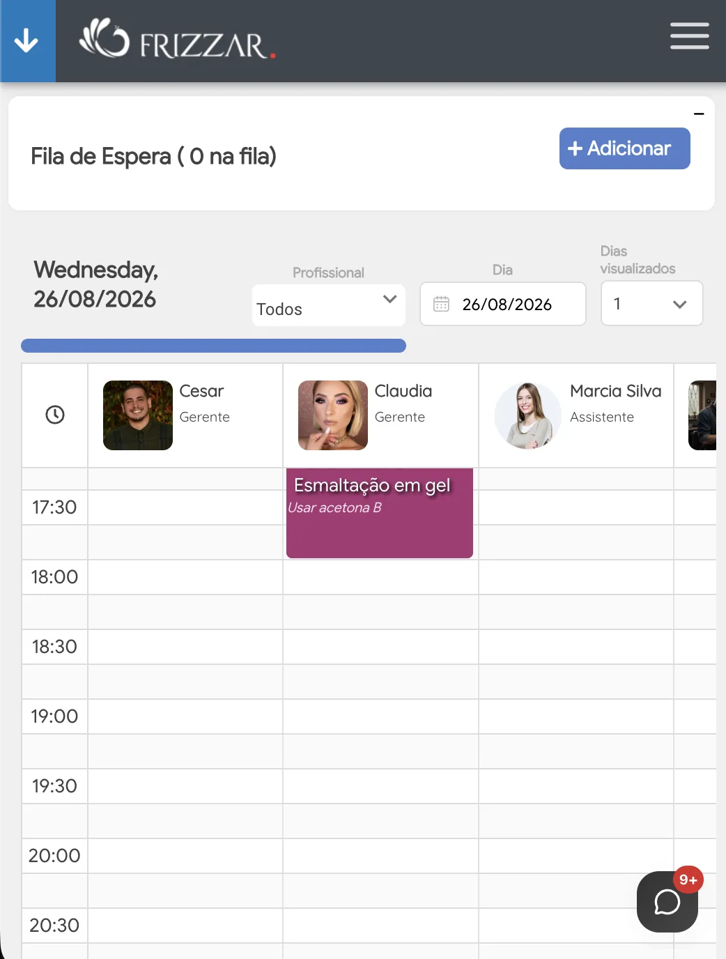 Agenda do dia no app da Frizzar